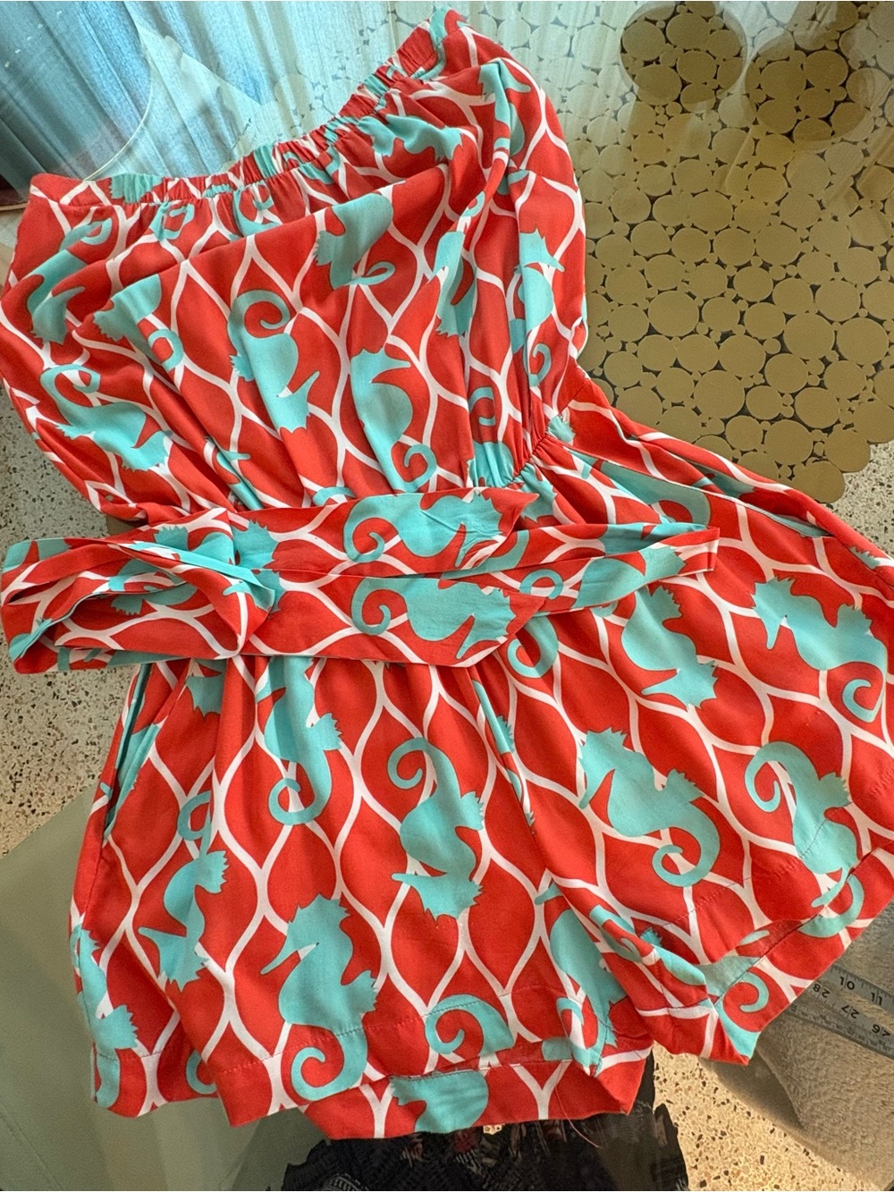 Escapada Seahorse Print Shorts Romper! Strapless! Orange White Blue. Belt! Med
